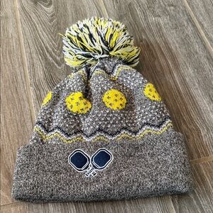 Cozy chalk talk Embroidered Pickleball Gray and Yellow Pom-Pom Beanie